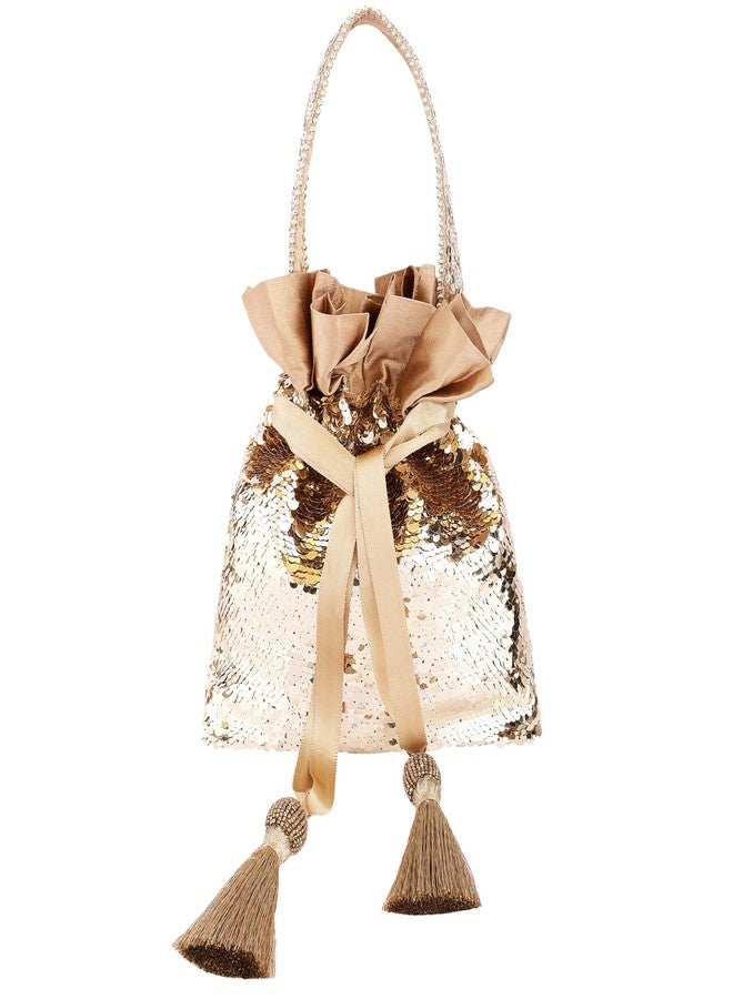 MASQ by Q-One Sequin Potli Bag for Women | Party & Wedding Clutch Bag | Handcrafted Drawstring Potli with Tassels | Festive & Ethnic Gift Pouch for Ladies (Gold) - Image 1